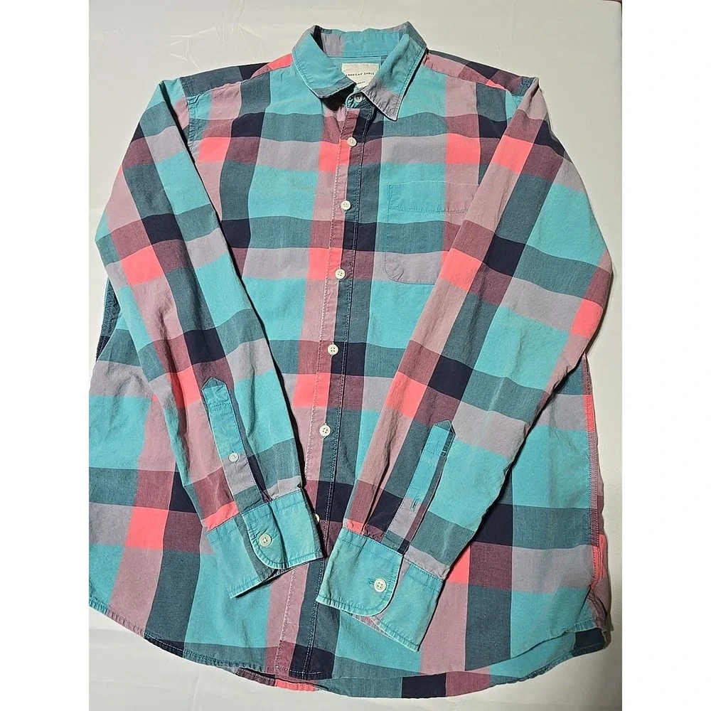 American Eagle Large Button-Down Long Sleeve Casual Shirt Pink Blue Plaid